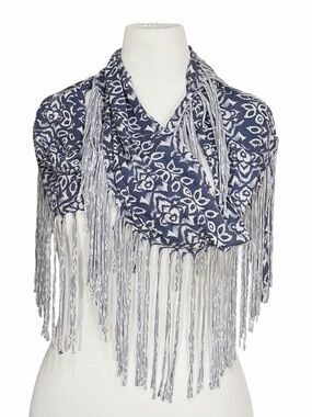 Chan Luu Blue & White Fringed Floral Wrap
